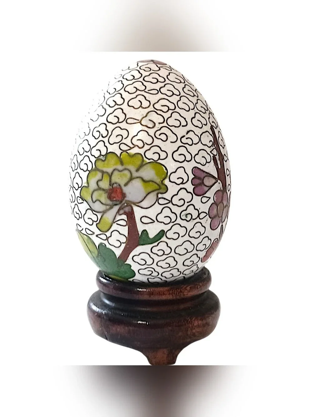 Vintage Chinese Cloisonne Enamel Over Brass Egg‎ Floral Trinket Decor Wood Stand